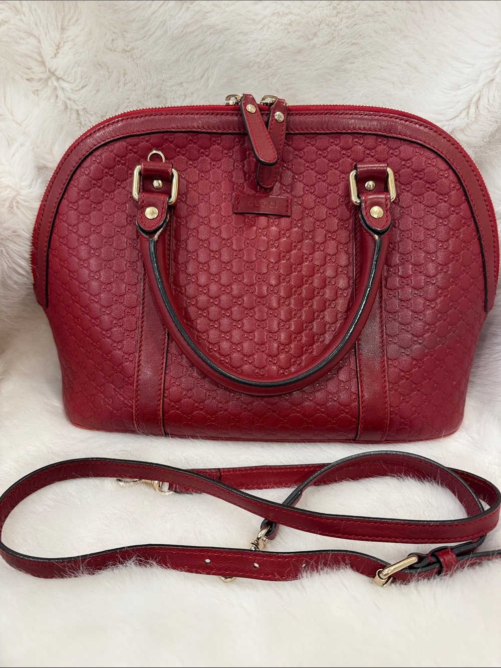 Gucci Red micro Embossed Leather Dome Satchel with crossbody strap! Authentic!